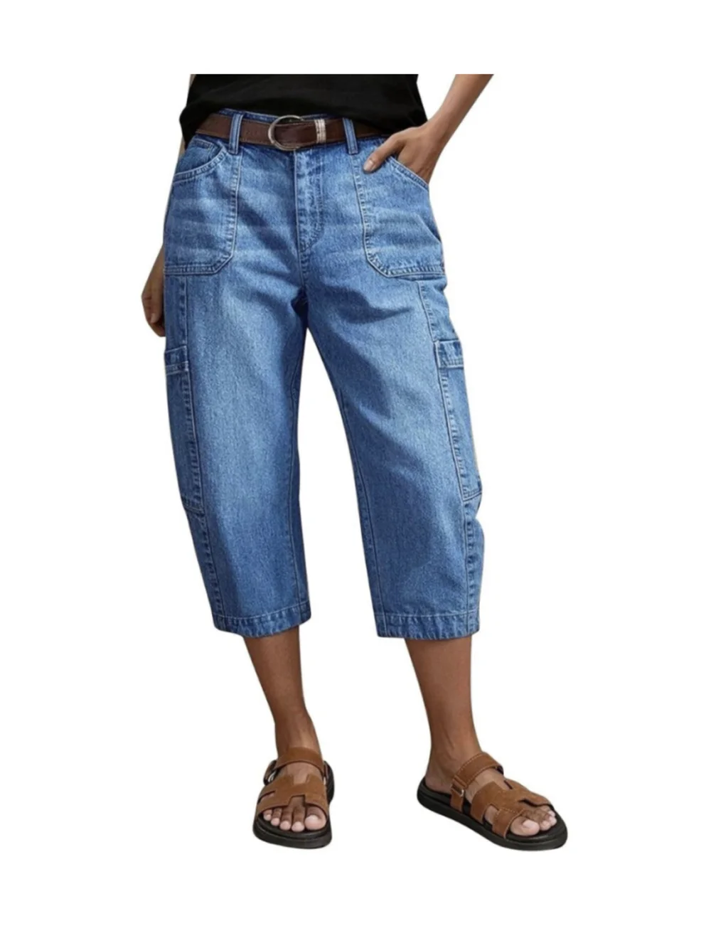 Flamingals Barrel Leg Mid Waist Capri Jeans for Women Wash Pocket Side Cargo M